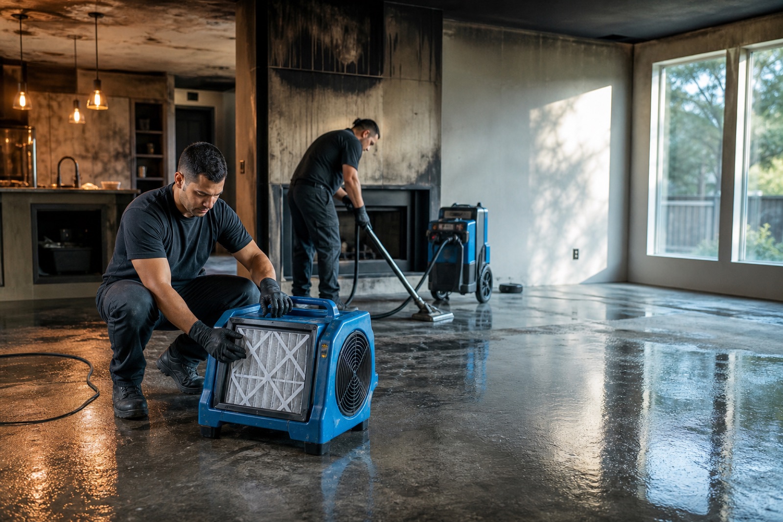Restoration technicians organizing smoke and water cleanup equipment in a Houston residence